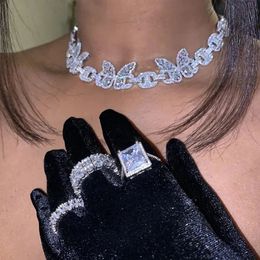 Wedding Jewelry Sets 2024 Hip Hop Iced Out Bling Geometry 5A Cubic Zirconia Charm Choker Necklace Women Lock Pin Cuban Link Chain Butterfly 231205