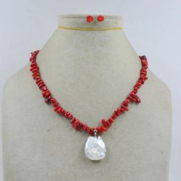 Necklace Earrings Set Natural Irregular Red Coral Necklace. Huge Baroque Pearl Pendant. Handcarved For Women's Jewelry