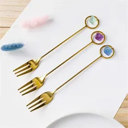 Coffee Scoops Spoon Fork Natural Stainless Steel Water Droplet Type Violet Blue Green Fluorite Gold Tableware Stone