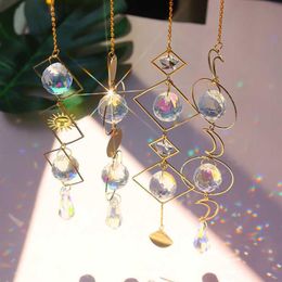 Crystal Geometric Wind Chime Star Moon Pendant Sun Suncatcher Plated Colourful Beads Hanging Drop For Outdoor Indoor Garden Q0811276A