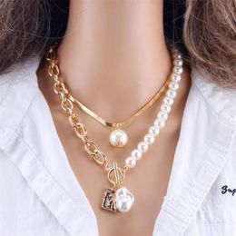 KMVEXO Fashion 2 Layers Pearls Geometric Pendants Necklaces For Women Gold Metal Snake Chain Necklace New Design Jewellery Gift265Z