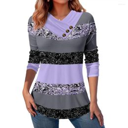 Women's Blouses Lady T-shirt Colorblock Button Decor 3d Print Long Sleeve Soft Plus Size Mid Length Pullover Fall Spring Top V Neck