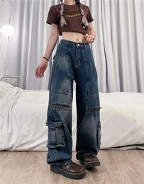 Women's Jeans Women Baggy Multi-Pocket Straight Wide Leg High Waist Cargo Pants 2023 Autumn Casual Men Denim Trousers Couple Clothe