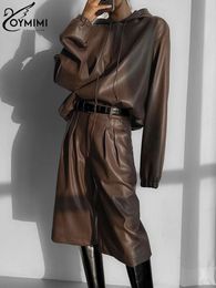 Women's Two Piece Pants Oymimi Fashion Brown Pu Leather 2 Set Outfit 2023 Winter Long Sleeve Hooded Shirt With High Waist Female 231205