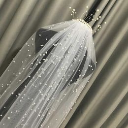 Women Tulle Bridal Veil Pearl Wedding 1 Tier Short long veil White ivory wedding accessories With comb X0726225F