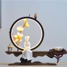 Fragrance Lamps Zen Backflow Incense Burner Holder Smoke Waterfall Sticks Led Lamp Ring Ornaments Living Room Office Desk Decor284R