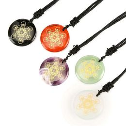 Natural Stone Disc Shape Charm Fashion Necklace Engraved Flower Of Life Multidimensional Metatrone Cube Pendant Amethyst Rose Quar235t