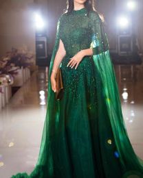 Dubai Elegant Green Prom Dress 2024 Cap Sleeves High Neck Beads Sequins Celebrity Evening Dresses Girls Pageant Birthday Gowns Custom Made