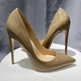 Dress Shoes Glossy Khaki Women Pointy Toe High Heel Classic Elegant Slip On Formal Stiletto Pumps OL Uniform Suit