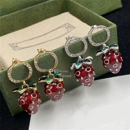 Vintage Strawberry Pendant Earrings Charm Diamond Eardrops Interlocking Letters Studs Personality Crystal Ear Hoops2781