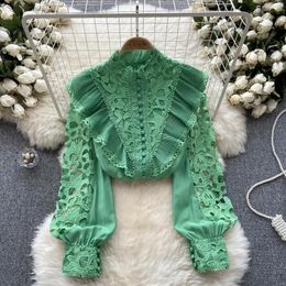 Women's Blouses Frenchic Women Tops Stand Collar Lantern Sleeve Ruffles Hollow Female Crochet Shirts Court Style Single Breasted Shirt