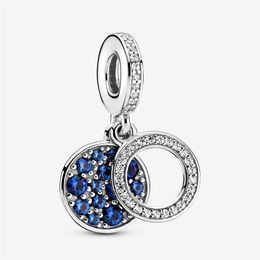 100% 925 Sterling Silver Sparkling Blue Disc Double Dangle Charms Fit Original European Charm Bracelet Fashion Women Wedding Engag286e