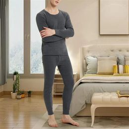 Men's Sleepwear 2023 Winter Men Thermal Underwear Sets Long Shirt Pants Plus Velvet Pajamas Set Casual Solid Color Thickened Clothing