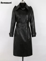 Women's Jackets Nerazzurri Spring Autumn Luxury Long Black Soft Faux Leather Trench Coat for Women Belt Double Breasted Elegant Overcoat 5xl 6xl 231204