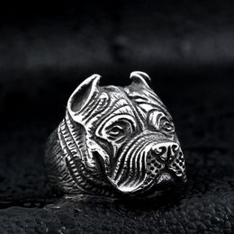 Men's Vintage Stainless Steel Ring Viking Pitbull Bulldog Gothic Pug Dog Head Totem Amulet Punk Animal Jewellery for Men Boys325D