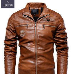 Men's Outerwear Coats Leather Faux Leather Cross border men's new men's PU leather jacket, European and American motorcycle suit, plush leather jacket