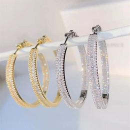 Baguette Princess Cut Square Shaped Cubic Zirconia CZ Earring Iced Out Bling Classic 45mm Big Circle Hoop Women Jewlery & Huggie214t