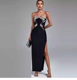 2024 Women Fashion Dress Runway Dresses Amazon Skirt New High end Original Women's Black Bra Light Luxury Long Dress with Diamond Bandage Dress Party Dress