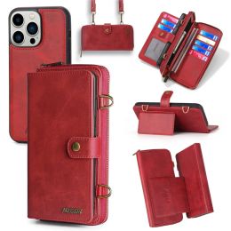 Premium Detachable Zipper Leather Wallet Case For iPhone 15 12 13 11 14 Pro Max X XR XS Max 7 8 Plus Purse Crossbody Lanyard Strap Multi Cards Slot Holder Magnetic Cover