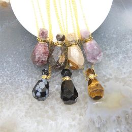 Charms Natural Obsidian Faceted Perfume Bottle Pendants Necklaces Pink Tourmaline Quartz Essential Oil Diffuser Vial Jewelry255i