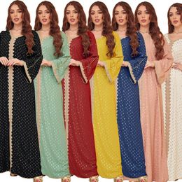 Ethnic Clothing Spring Summer Moroccan Kaftan Muslim Women Dress Long Sleeve Loose V Neck Gold Stamp Dubai Robe Abayas Modest Outfits 2023