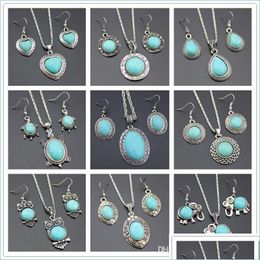 Other Jewelry Sets 10Pcs/Lot Newest Jewelry Set Temperament Flower Shaped Turquoise Earrings Necklace Two Piece Accessories Drop Deliv Dh4Ep