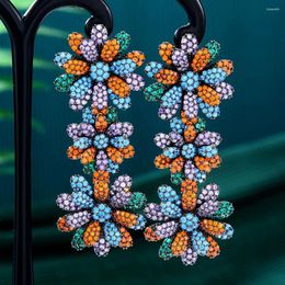 Dangle Earrings GODKI Spring Colourful Flowers For Women Wedding Miami Prong Cuban Chain Link Cubic Zirconia CZ Set Hip Hop