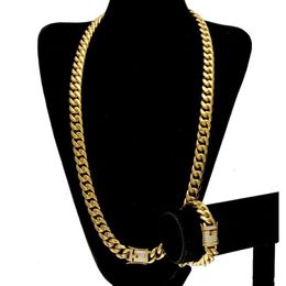 Stainless Steel Bracelets Necklace 24K Solid Gold Electroplate Casting Clasp W Diamond Cuban Link Necklace & Bracelet For Men Curb2194