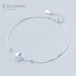 Colusiwei Genuine 925 Sterling Crystal Cube Silver Anklet for Women Charm Bracelet of Leg Ankle Foot Accessories Fashion244N