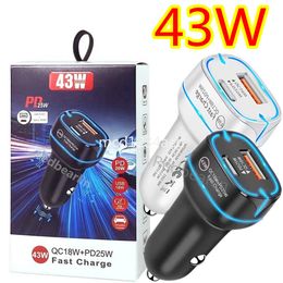 Fast Quick Charging 43W PD25W Dual Ports USb C PD Car Charger Auto Power Adapters LED Light For Iphone 11 12 13 14 15 Samsung S20 S23 S24 htc lg M1 gps pc