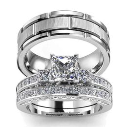 Wedding Rings Couple Women's Classic Square Zircon Engagement Ring Set & Men's 8MM Stainless Steel Silver Colour Groove C308t