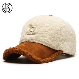 Ball Caps FS Trendy Big Letter Embroidery Men Winter Hats White Brown Lambswool Baseball Cap For Women Warm Plush Trucker Hats Gorras 231204