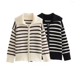 Women's Knits 2023 Autumn Navy Collar Coat Striped Long Sleeve Knitted Cardigan Wear