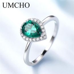 UMCHO Green Emerald Gemstone Rings for Women Halo Engagement Wedding Promise Ring 925 Sterling Silver Party Romantic Jewellery Y20033039