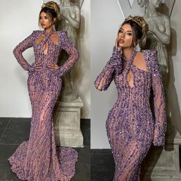 Purple Mermaid Evening Dresses Keyhole Neck Beads Long Sleeves Party Prom Dress Crystal Formal Long Red Carpet Dress for special occasion