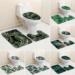 Tropical Plant Leaf Green Style Bathroom Decorative 3 Piece Set Non Slip Mat Toilet Seat Cover Elegant Stylish Bath Accessories 21324I