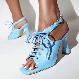 Sandals Lace-up Cross-tied Open Toe Yellow Orange Sky Blue Summer Slingback Girls Shoes High Heeled Pumps Women Big Size 10 9