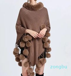 Scarves Color Loose Poncho Bottom Pompon Cape Winter Warm Faux Rabbit Fur Neck Cloak Out Street Pullover Shawl Streetwear