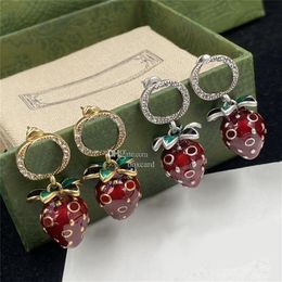 Vintage Strawberry Pendant Earrings Charm Diamond Eardrops Interlocking Letters Studs Personality Crystal Ear Hoops2486