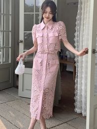 Two Piece Dress High Quality Luxury Runway Small Fragrance Two Piece Set Women Lace Hollow Out Shirt Top Long Skirt Suits Summer 2 Piece Sets 231205