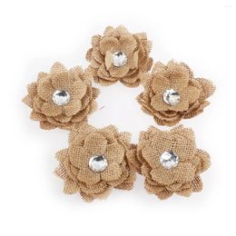 Decorative Flowers 5pcs Crystal Hessian Burlap Rose For Christmas Wedding Decoration (Brown)