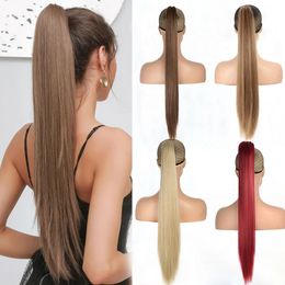 Synthetic Wigs Long Straight Claw Clip on tail 24 Inch Brown Fake Hair Tail s Synthetic Heat Resistant Hairpiece Horse Tail 231204