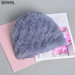 BeanieSkull Caps Fashion Russian Women Knitted Real Rabbit Fur Bomber Hats Winter Lady Warm Fluffy Rabbit Fur Hat Good Elastic Fur Caps 231205