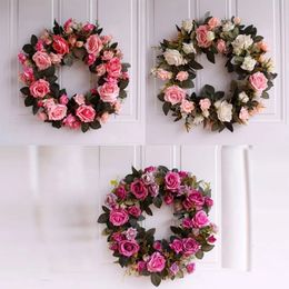 Decorative Flowers Wreaths 40cm Rose Wreath Artificial Flower Blossom Garland Floral Spring Decor Home Office Wall Front Door Wedding Decoration 231205