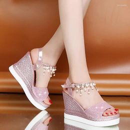 Sandals 2023 Women Shoes Shiny Rhinestones Pearls Detail Wedge Thick Bottom Peep Toe High Heels Elegant Platform Party Wedding