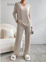 Women's Two Piece Pants KAAAZI Women Winter Pyjamas 2 Sets Long Sleeve V-neck Knitted Home Clothes Elastic Waist Loose Solid Female Suit