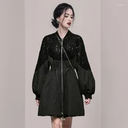 Women's Trench Coats SuperAen Black Silk Woolen Clothing 2023 Winter Mid Length High-end Sequin Style Stand Up Collar Waist Drawstring