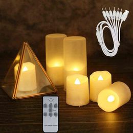 6PCS USB Rechargeable Led Candle Flameless Flickering With Remote Timer Tea Light New Year Christmas Candles Decoration For Home H280u