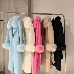 Women's Fur Faux Fur Long Women Wool Cashmere Blended Coat Big Real Fox Fur Collar Fashion Winter Jacket double breasted Belt Outwear Cuffs 231204