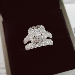 Vecalon 188pcs Topaz Simulated diamond cz 14KT White Gold Filled 3-in-1 Engagement Wedding Band Ring Set for Women Sz 5-11236g